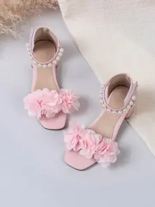 Comfortable Chunky Heel Open Toe Sandals, Pearl Strap & Mesh Flower Design, Shiny Party Shoes for Little Princesses
