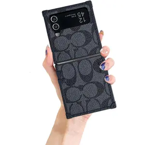 Phone Case for  Galaxy Z Flip3/Z Flip4,Luxury Designer PU Leather Case Classic Shockproof TPU Bumper  Protection Soft Cover Case Compatible with  Galaxy Z Flip 3/4(Black)