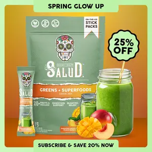 Salud 2-in-1 Greens Powder + Superfood Drink Mix Packets, 20+ Fruits and Veggies, Probiotics, Prebiotics, Supports Digestive Health, Bloating Relief, Vegan, Peach Mango (15 Servings)