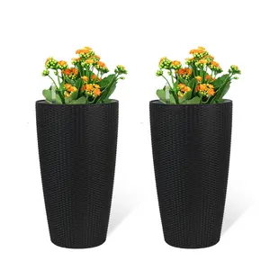 ARCH Set of 2 Faux Rattan Tall Planters Outdoor Indoor Large Planters with Water Level Monitor Inner Bucket, Automatic Watering, Flower Plant Pots for Garden, Patio, Porch, Backyard (Black, 22 inch )