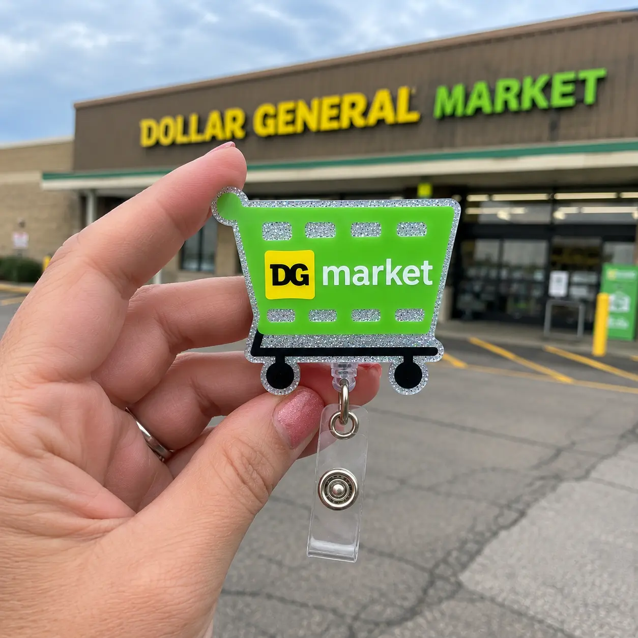 Dollar General Market Badge Reel, Shopping Cart Glitter Acrylic Badge Holder, Retractable Clip for Retail Worker Grocery Store Crew