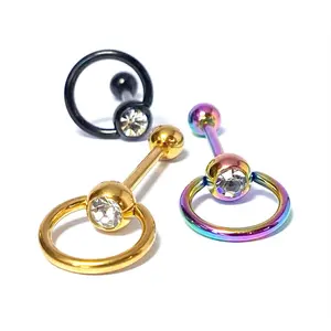 1pc Clear Gem w/ Slave Ring Tongue Ring IP Steel Barbell Door Knocker Tounge