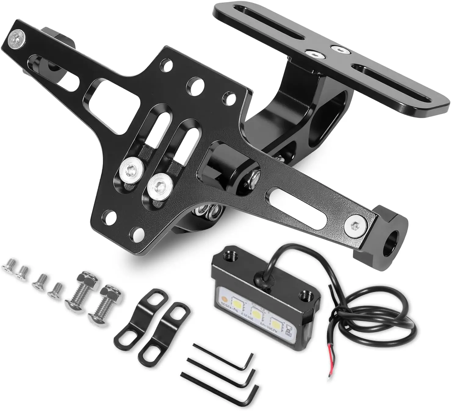 Black CNC Aluminum Motorcycle License Plate Bracket Fender Eliminator - 2 Brackets, Bright LED Lights, Waterproof, Durable, Universal Fit for Various Models, Includes Mounting Hardware, Different Models