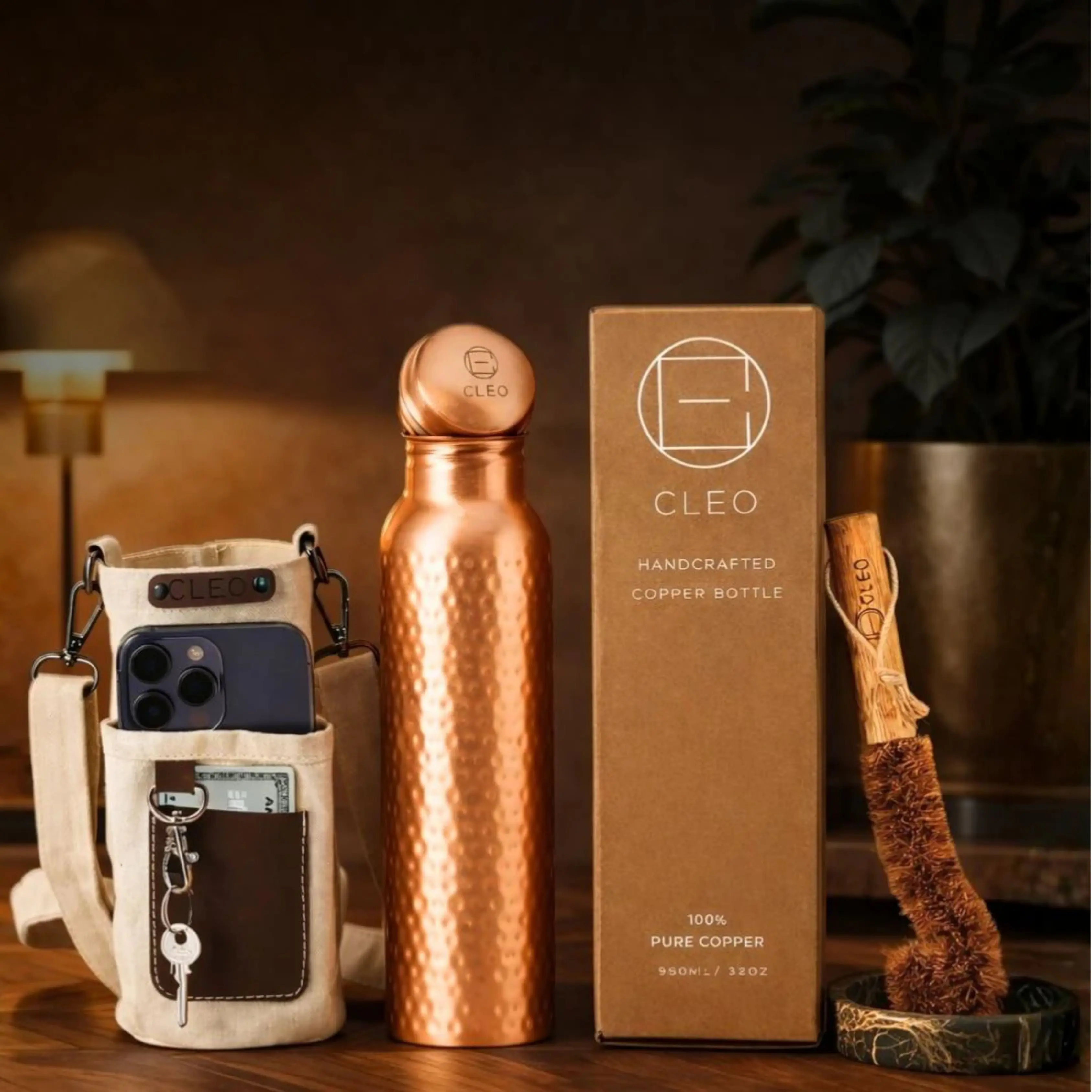 Cleo Handcrafted Copper Water Bottle | 100% Pure Copper | 34 oz