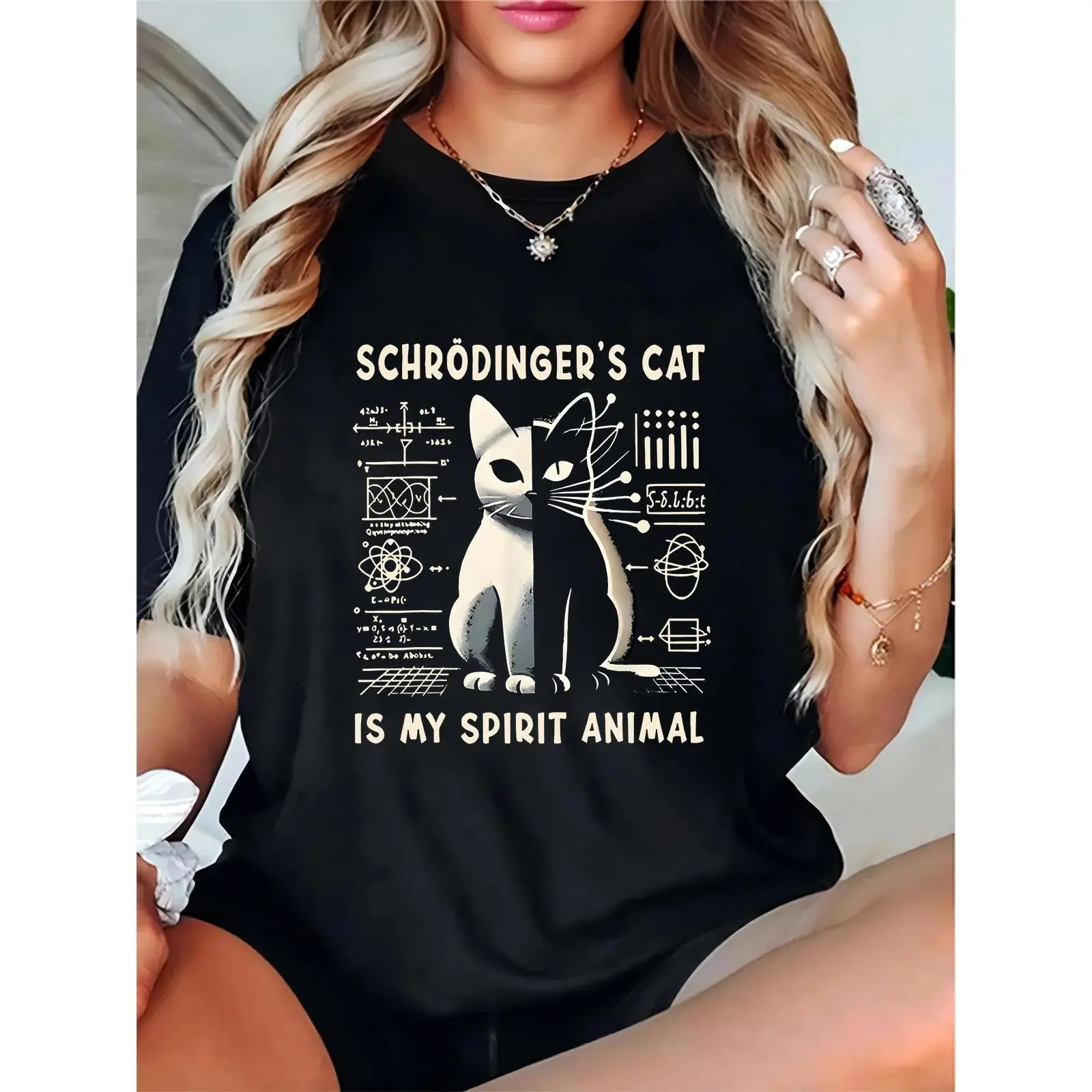 Women’s Black Schrodinger’s Cat T-Shirt – Split Cat Design with Science Formulas & “Schrodinger’s Cat Is My Spirit Animal” Quote, Casual Daily Wear for Science Lovers & Cat Enthusiasts