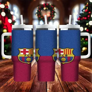 1pc FCB team emblem in red and blue matte pattern, 40oz stainless steel insulated cup, handle ice cup, Reusable Thermos Cup, suitable for both hot and cold beverages, ideal for outdoor camping, suitable for festivals, a gift cup for football fans