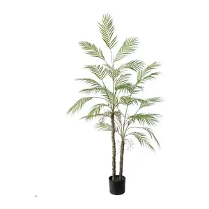 5ft Double Pole Green Artificial Palm Tree in Plastic Pot, Realistic Faux Palm Tree in Pot, Lifelike Tropical Palm Decor for Living Room, Office, Bedroom, or Corner Display