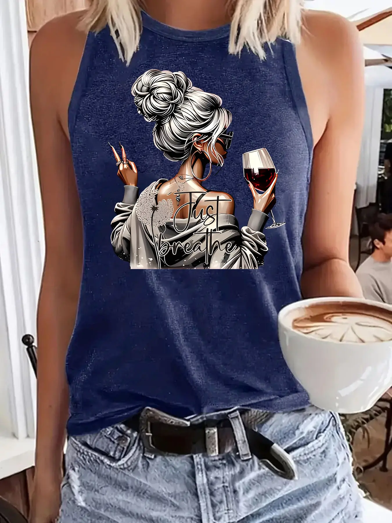 Women's Wine Graphic Print Vest, Casual Elegant Sleeveless Top, Spring Summer Fashion, Fitted Long Shirt, Ladies' Clothing, Womenswear