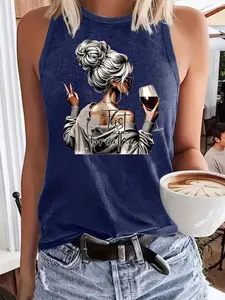 Women's Wine Graphic Print Vest, Casual Sleeveless Top, Spring Summer Fashion, Fitted Long Shirt, Ladies' Clothing, Womenswear