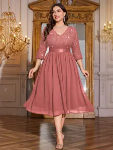 MISSMAY P25532A Plus V Neck Fitted Sequin Floral Lace Contrast Ruffle Chiffon Hem Formal Evening Party Swing Dress Elegant Prom Wedding Guest Gown, For Valentine, Graduation, Dinner, Homecoming Womenswear