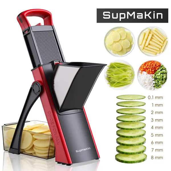 SupMaKin Press-Type Multifunctional Stainless-Steel & Transparent Plastic Vegetable Slicer Container - No Blade Replacement, Knob-Turn Unlocking, Foldable Strong Suction Cup Base, Detachable Kitchen Utensil Gadget for Fruits & Veggies Chopping, Smooth, Me