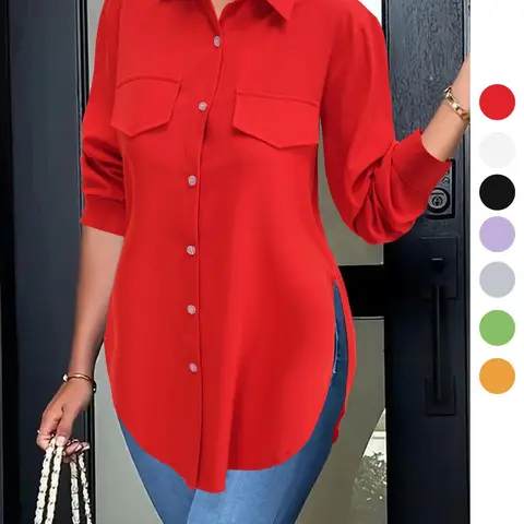 Women's Plain Button Front Split Hem Shirt Blouse, Casual Long Sleeve Collared Top for Spring & Fall, Summer Outfits 2024, Women's Clothing for Daily Wear