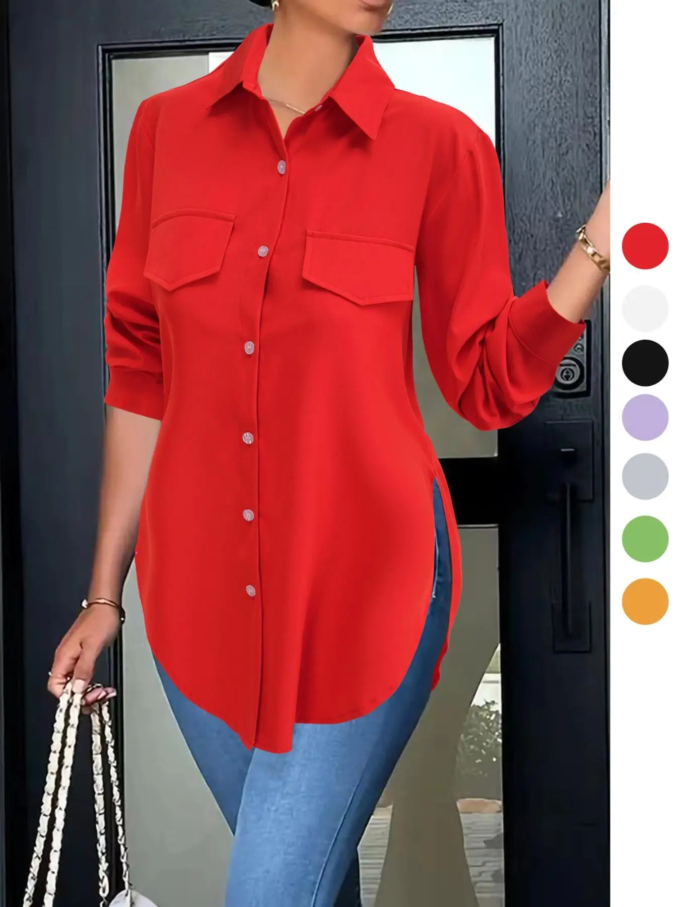 Women's Plain Button Front Split Hem Shirt, Casual Long Sleeve Collared Top for Spring & Fall, Summer Outfits 2024, Women's Clothing for Daily Wear