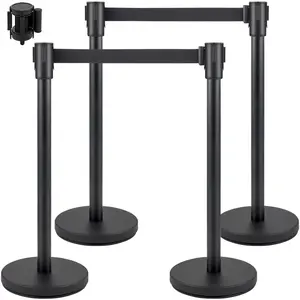 VEVOR Crowd Control Stanchion, Set of 4 Pieces Stanchion Set, Stanchion Set with 6.6 ft/2 m Black Retractable Belt, Black Crowd Control Barrier with Concrete and Metal Base - Easy Connect Assembly