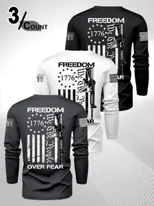 Men's Long Sleeve T-Shirt Set with American Flag Gun Print Design, Casual Fashion Daily Wear, Comfortable Trendy Hoodies for Spring & Fall