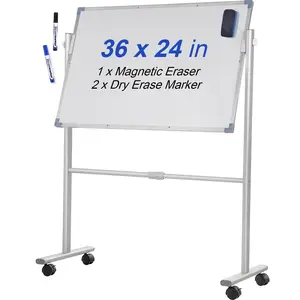 fathersdaygift VEVOR Mobile Magnetic Whiteboard, 36x 24 Inch, Double Sided, 360 Degree Reversible Rolling Dry Erase Board, Height Adjustable with Aluminum Frame and Lockable Swivel Wheels, for Office School Home