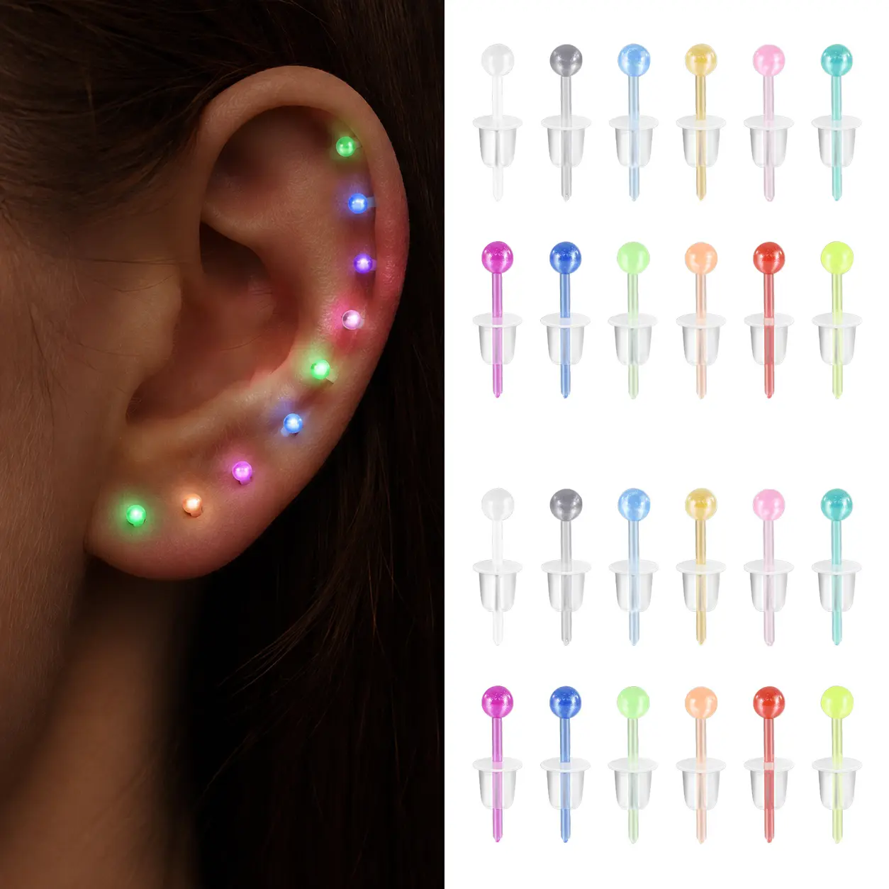 24pcs Glow-In-The-Dark Stud Earrings Set, Round Ball Top Ear Studs, for Daily Wear, Parties, Festivals, Night Events, Costume Looks, Styling Additions, And Gift Giving
