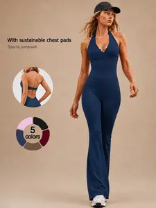 Women's Yoga Jumpsuit Halter Neck Sexy Hot Girl Sleeveless Open Back Sports Jumpsuit High Elastic Soft Comfortable Removable Padded Breathable Lace Flared Jumpsuit Butt Lifting Tummy Control Gym Pilates Outdoor Running Training Fitness Jumpsuit