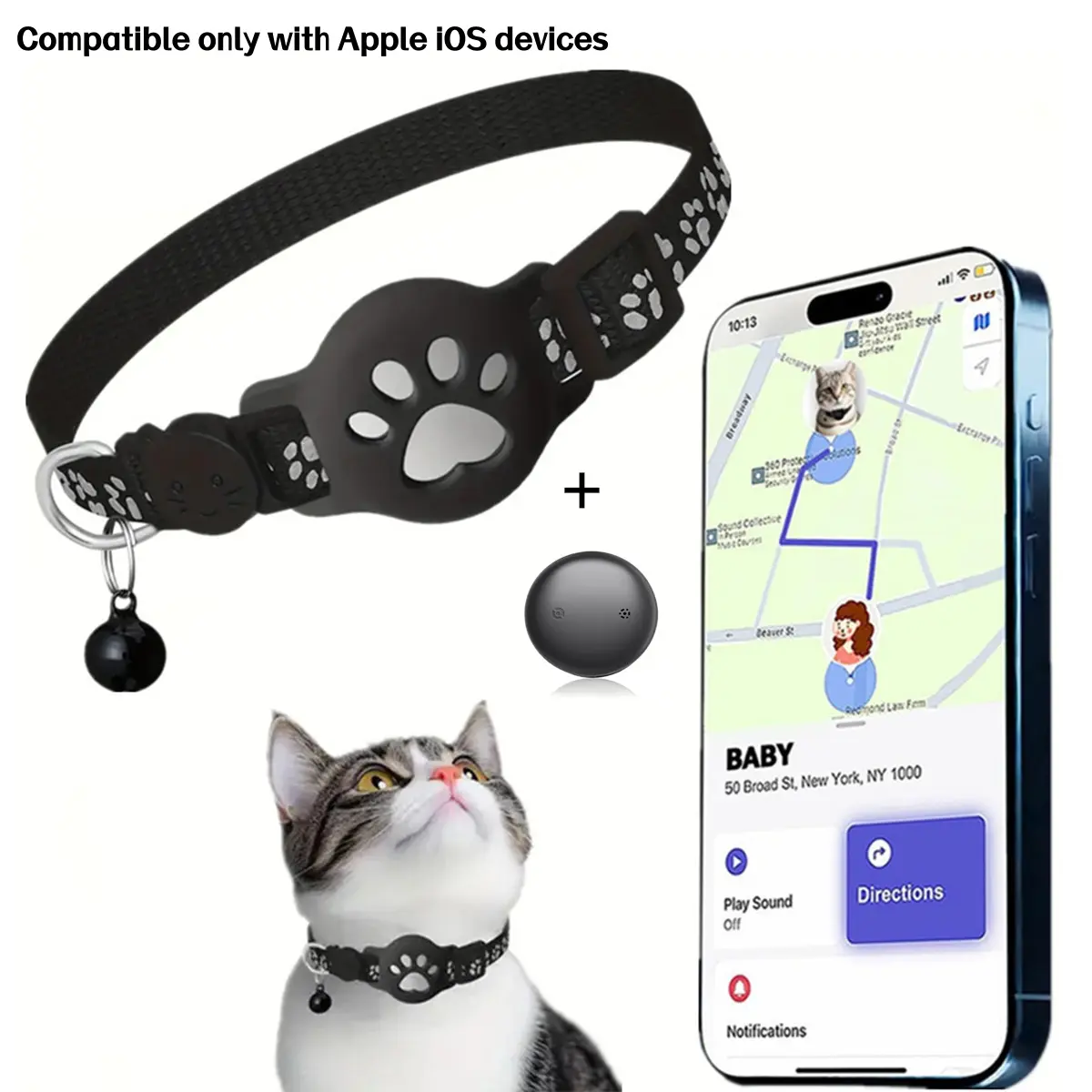 Cat GPS Collar for Small Cats - Real Time Location No Monthly Fee, Waterproof Anti Lost Pet with No SIM Required, for Indoor Outdoor Cats (Black Collar and Locator)