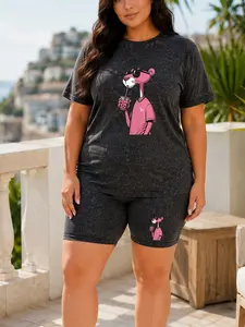 Women's Plus Size Acid Wash Look T Shirt and Biker Shorts Set, Pink Cartoon Animal Graphic, Casual Two Piece Outfit 1XL-5XL