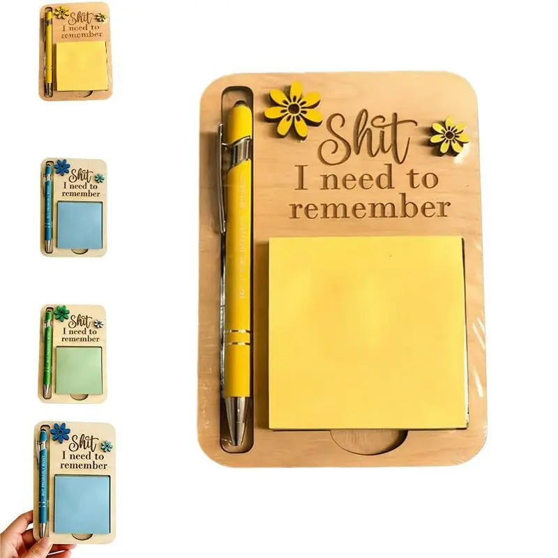 “Shit I Need To Remember” Wooden Memo Holder With Sticky Notes & Pen Desk Accessory