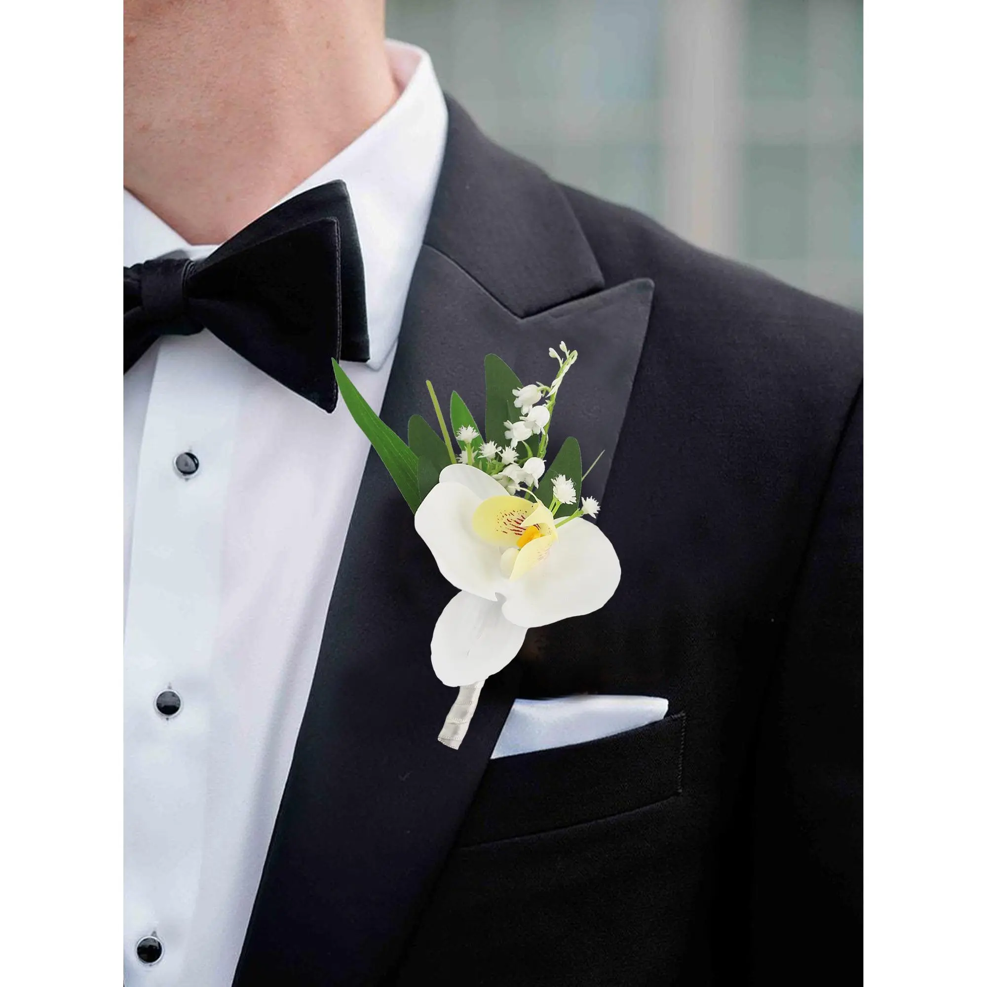 Rinlong White Orchid Lapel Pin, Floral Flower Accessories for Wedding Decor, Home & Festive Party Supplies
