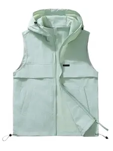 Men's Solid Zip Up Hooded Vest Top Jacket Gilet Waistcoat, Regular Fit Casual Sporty Sleeveless Outerwear for Hiking Running, Men's Clothes for Outdoor Activities, Menswear