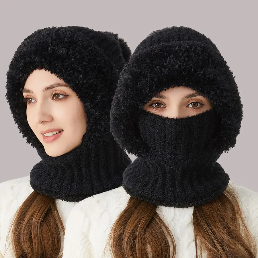 Winter Women's Plush Hat 3-in-1, Warm Cozy Fuzzy Knit Hat with Face Cover & Neck Warmer, Winter Outdoor Hat for Women, Perfect Gift for Her