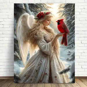 2D Flat Snow Angel with Cardinal Friend Tranquil Seasonal Design, Polyester,Ideal for Living Room, Bedroom, Office, PartyDecor, Perfect Creative Gift, Living Room ArtlVintage Angel TapestrylArtistic Wall Hanging,Angel Decor