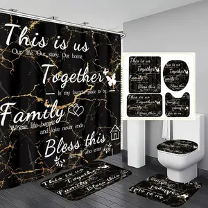 1/4pc marble-patterned bathroom accessory set, including shower curtain, toilet seat cover, toilet seat cover, and bathroom mat; bathroom accessories, Bathroom Supplies