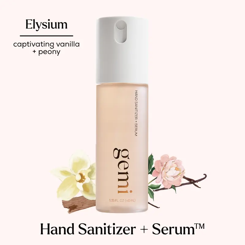 Elysium Hand Sanitizer | gemi beauty | Hand Sanitizer + Serum Spray | Elysium | Hydrating K-Beauty Formula with Centella, Vitamin B5 & Green Tea | Kills 99.9% of Germs | Amber Floral Scent with Vanilla & Peony