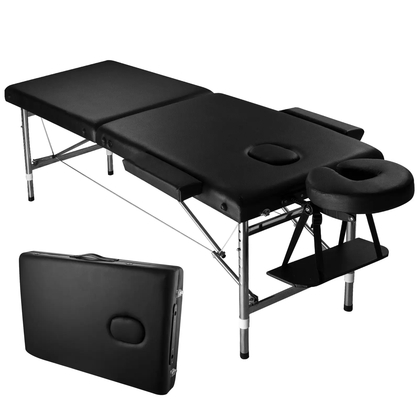 Massage Table Portable Height Adjustable Massage Bed Foldable Spa Lash Tattoo Esthetician Bed 24" Wide Aluminum 2 Fold with Carrying Bag Black