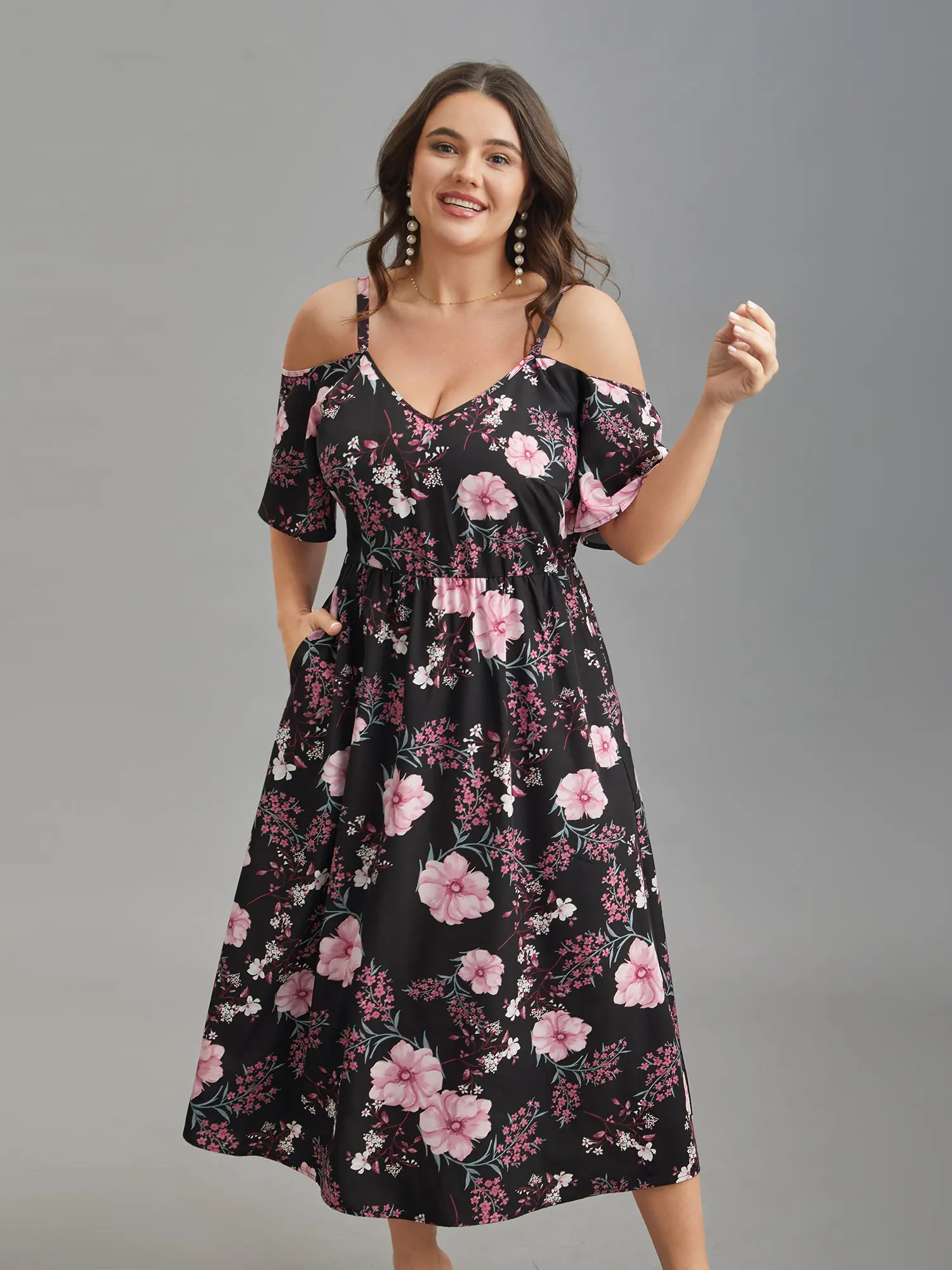 【Pocket Approved】 BLOOMCHIC Floral Print Cold-Shoulder Pockets Midi Dress SpringStatements Fit Casual Fit Garment Swimweek summeroutfits,vacationoutfits,beachoutfits,Summerfinds