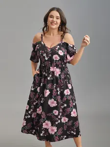 【Summer Turn-Up】【Pocket Approved】 Bloomchic Floral Print Cold-Shoulder Pockets Midi Dress SpringStatements Fit Casual 2026 Summer Pick for Mother's Day