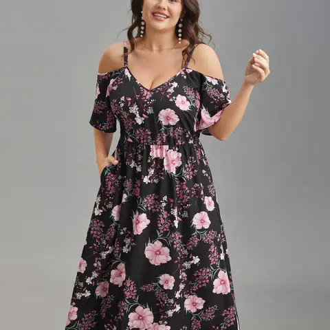 BloomChic Floral Print Cold-Shoulder Pockets Midi Dress 【M-6XL】