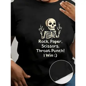 Women's Casual Graphic T Shirt Featuring Skeleton Hand Gesture and Humorous Text for Comfortable Short Sleeve Round Neck Top Perfect for Everyday Wear in Medium Black