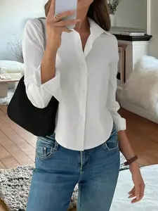 Women's Classic White Button Down Shirt Long Sleeve Collared Blouse Casual Business Office Workwear Elegant Effortless Chic Clean Girl Aesthetic Old Money Capsule Wardrobe Basic Solid Tops Daily Outfits All Season Spring