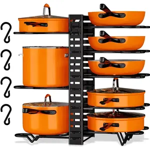 8 Tier Pot and Pan Organizer Rack – Upgraded Kitchen Storage Solution for Pots, Pans, and Lids, Adjustable Cookware Organizer for Cabinets and Countertops
