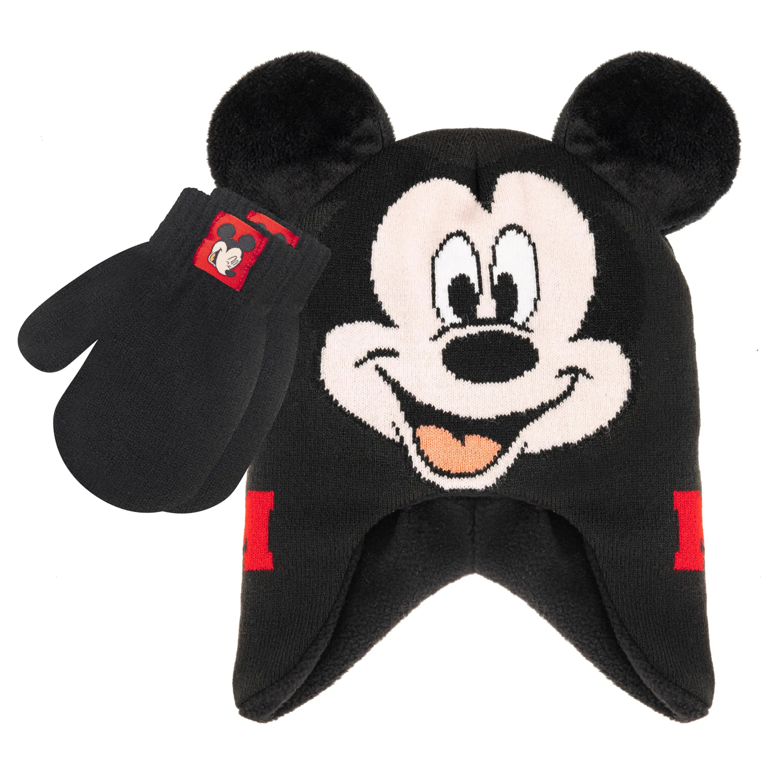 Disney Boys' & Toddlers' 2-Pc Acrylic Mickey Mouse Hat & Snow Gloves Set - Warm Pom-Pom Beanie, Cute Red Mittens with Graphics for Birthday, School, Casual Wear, Holiday, 5-13 Years
