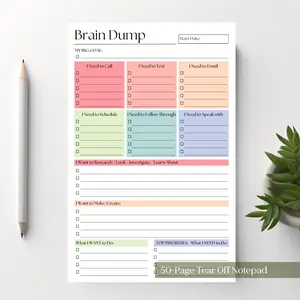 A5 Brain Dump Notebook, 50 Pages Daily To-Do List Planner, Focus Concentration, Improve Efficiency, Reduce Stress, Essential Organizer