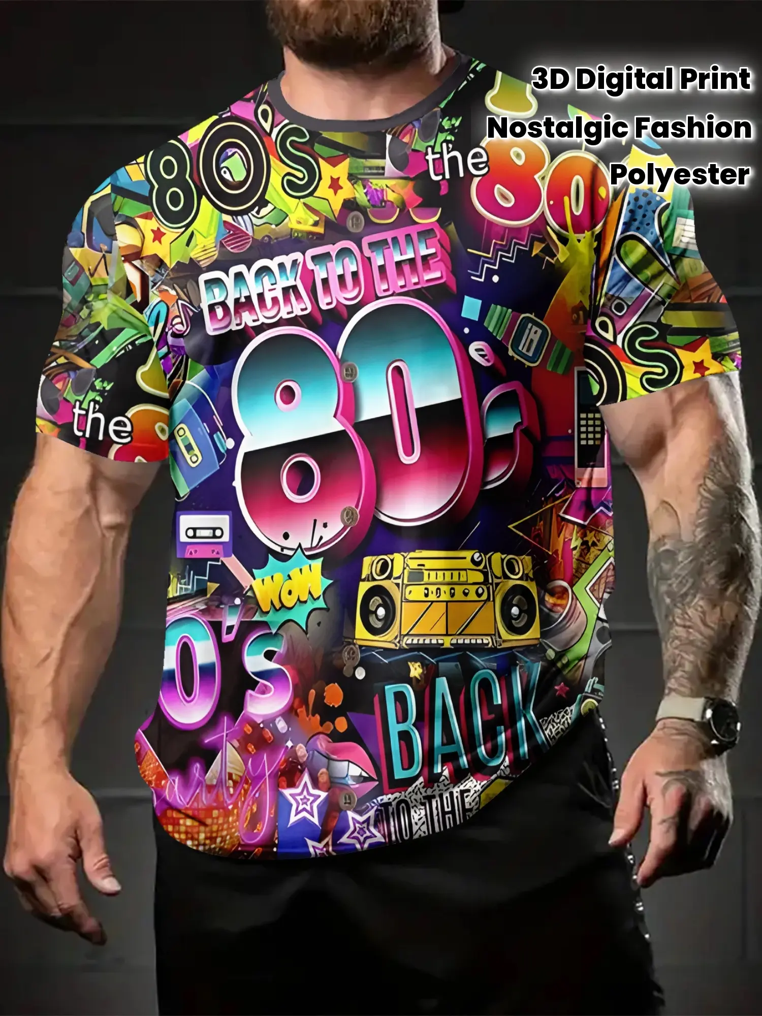 Men's 3D Digital Print Retro 80s Graphic T-Shirt - Vintage Cassette, Boombox & Neon Design, Breathable Round Neck Short Sleeve Tee for Casual Summer Wear, Sports & Gifts, Vintage Tshirt, Gift for Men, Nostalgic Fashion, Comfortable Fit Shirt