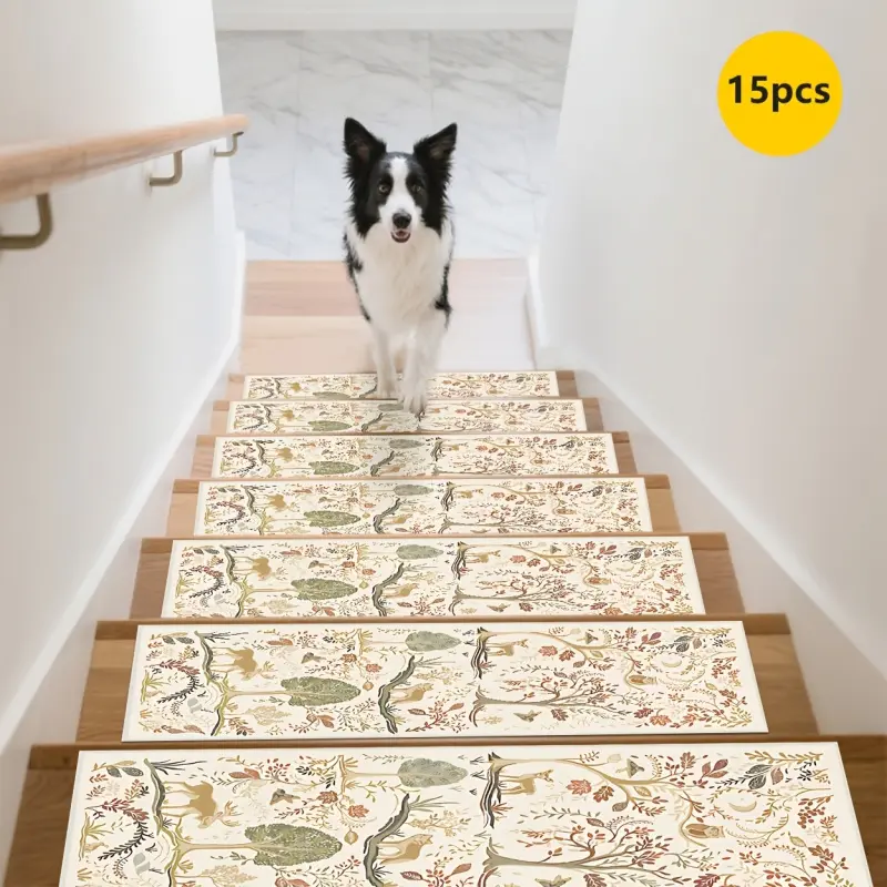 Joyfinity Rubber Anti-Slip Backing 15pcs Floral and Animal Pattern Runner Rug, Stair Tread Non-Slip Mats, Anti-Slip Stair Carpet, Step Protector Rug, Bordered Stair Mats for Home Decor, Indoor Room Accessories for Bedside