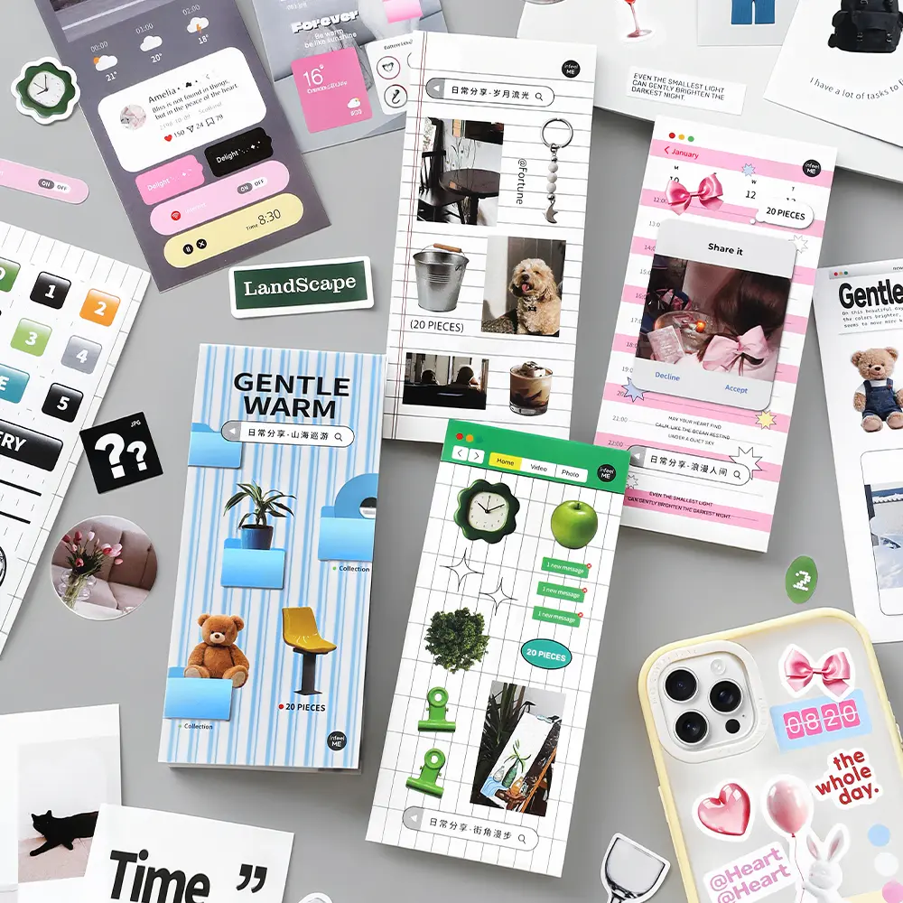 DIY Scrapbooking Stickers Book - 4 Sets, 80 Sheets, 6×13.5 cm Per Sheet, INS-Style Patterns, Inspirational Quote, Arrow Markers for Photocard Packaging, Building Layered Journal Spreads, Laptop, Water Bottle, Minimalist, Collage Art