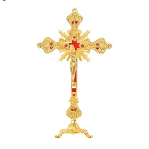 Standing Crucifix with Base 12.5 Inch Tabletop Metal Catholic Jesus Cross for Home Chapel Decoration and Religious Gifts - Silvery gold red Ornaments Shiny