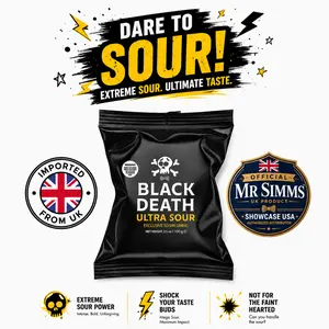 Mr Simms Black Death Ultra Sour 3.5oz UK Import Authorized Distributor Sharp Acidic Coating & Tangy Lemon Center Challenge-Style Sour Experience Snack, Candies, Super Sour Candy
