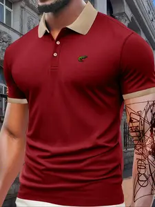 Men's Colorblock Letter Print Polo Shirt, Regular Fit Casual Short Sleeve Collared Top for Summer, Fashion Men's Clothes for Daily Wear, Tropical, Smart Casual, Menswear