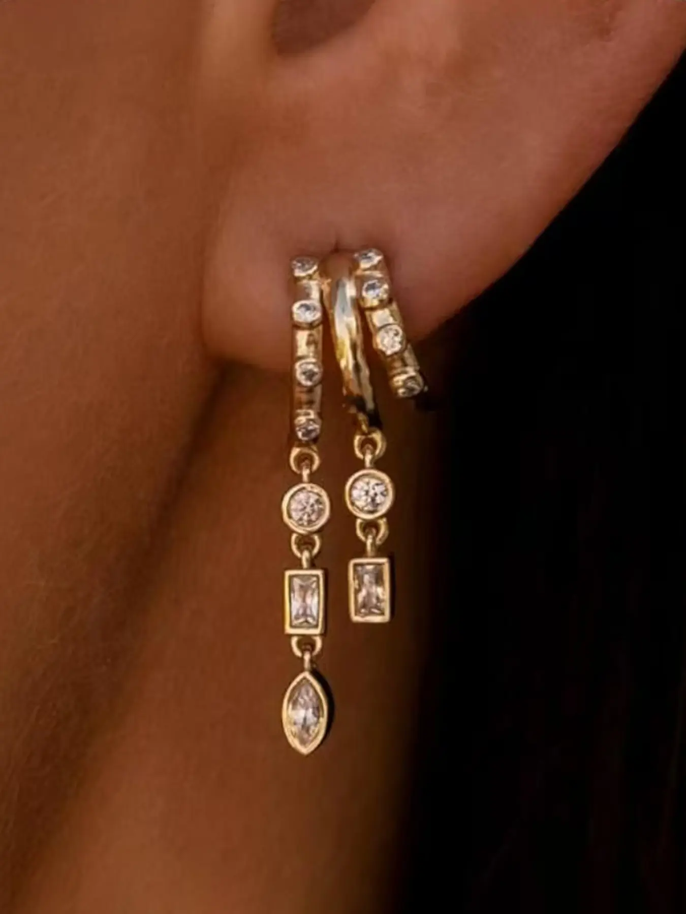 Dangle Earrings For Women, Dainty Gold Drop Statement Earrings 14K Gold Plated Long Huggie Earrings for Women Trendy Hypoallergenic Dangly Earrings Small Triple Hoops Earrings Versatile Earrings High Quality Earrings Fashion Jewelry