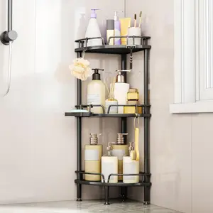 Corner Shower  Stand - 3 Tier Shower Organizer with Soap Holder, Tall Floor Corner Shelf Standing with Adjustable  & 4 Hooks, Storage Rack for Bathroom Black