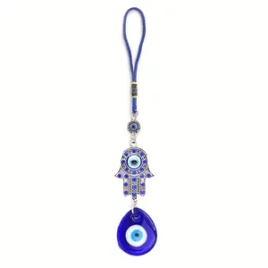 Fatima Hamsa Glass Keychain Drop Shape Devil's Eye Pendant Keyrings Car Ornament