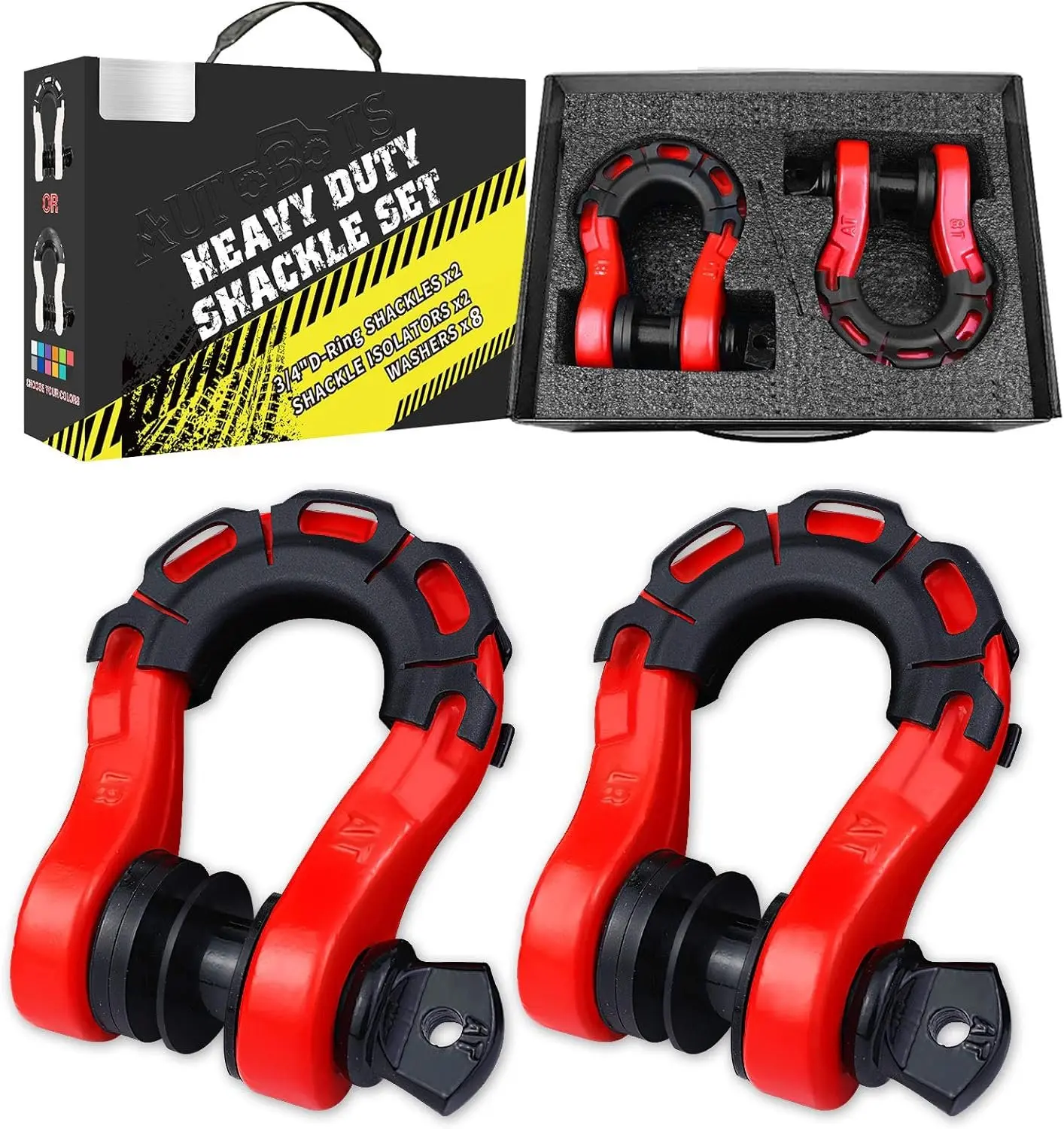 D Ring Shackles Heavy Duty(2 Pack) 68,000 lbs Capacity, Tow Hooks Clevis Shackle with 7/8" Screw Pin for Towing Winch Off Road Accessory   RED